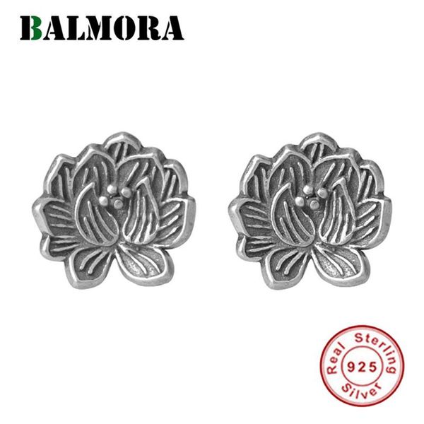 

balmora real 925 sterling silver retro lotus flower&animal stud earrings for women lady simple elegant fashion aretes jewelry, Golden;silver