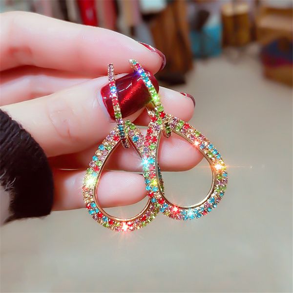 

fyuan colorful rhinestone geometric hoop earrings for women 2020 bijoux gold color water drop rhombus shape earring jewelry gift, Golden;silver