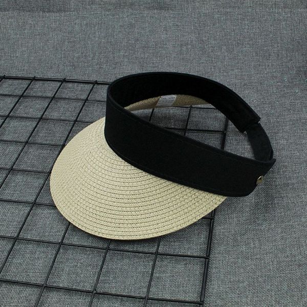 

women girls summer straw weave sun visor hat empty contrast color wide brim uv protection adjusted portable peaked beach cap, Blue;gray