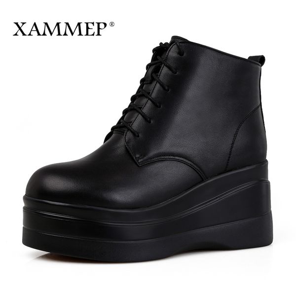 

boots women genuine leather mid calf winter shoes natural wool brand with platform 42 43 xammep, Black