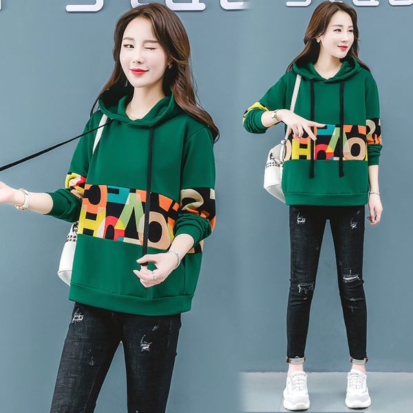 

autumn large size coat sweater plump mm loose hooded sweater 2020 new women's loose long sleeve letter printed coat hntzg, Black