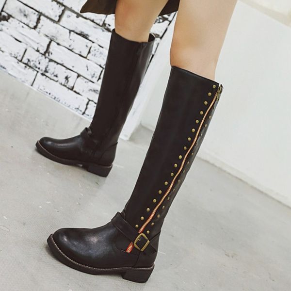 

pxelena punk gothic vintage knight knee high boots female rivet zipper buckle riding motorcycle long boots women shoes 2020 new, Black