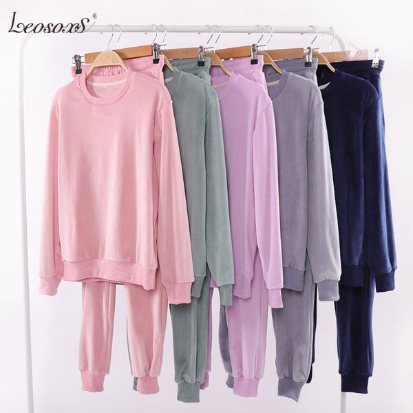 

bjyl island fleece couple pajamas autumn and winter casual home wear suit women solid color sports warm 2 piece tracksuit set x0923, Gray