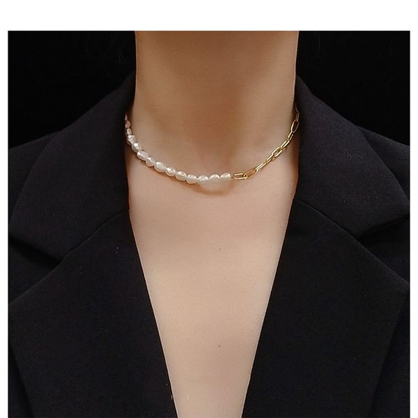 

gold plated stainless steel choker necklace women neck chain fashion jewelry, simple freshwater pearl necklaces wedding gift, Golden;silver