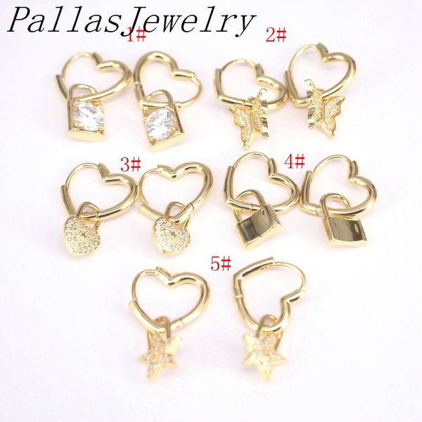 

hoop & huggie 5pair arrived lock dangle earring cz crystal paved for women gold silver color charm jewelry, Golden;silver