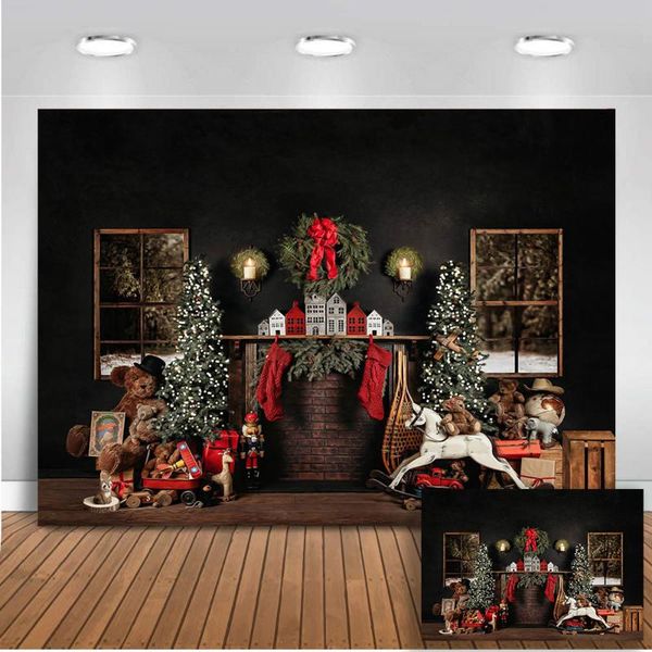 

christmas pgraphy backdrop brick fireplace windows toys red sock gifts background for p studio christmas tree newborn