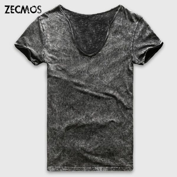 

zecmos fashion black t-shirt men casual v neck t shirts for men vintage short sleeve heavy washed cotton tees male, White;black
