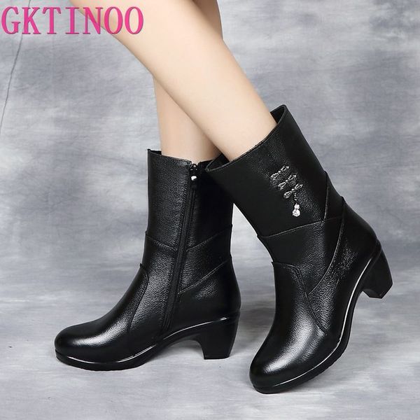 

gktinoo 2020 fashion genuine leather mid calf heels winter boots plush keep warm women snow boots female waterproof cotton shoes, Black