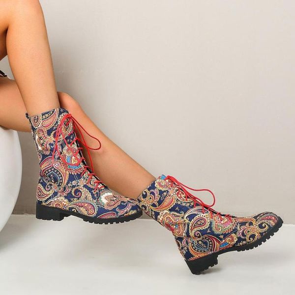 

boots boho floral lace up for women winter leather round toe, Black