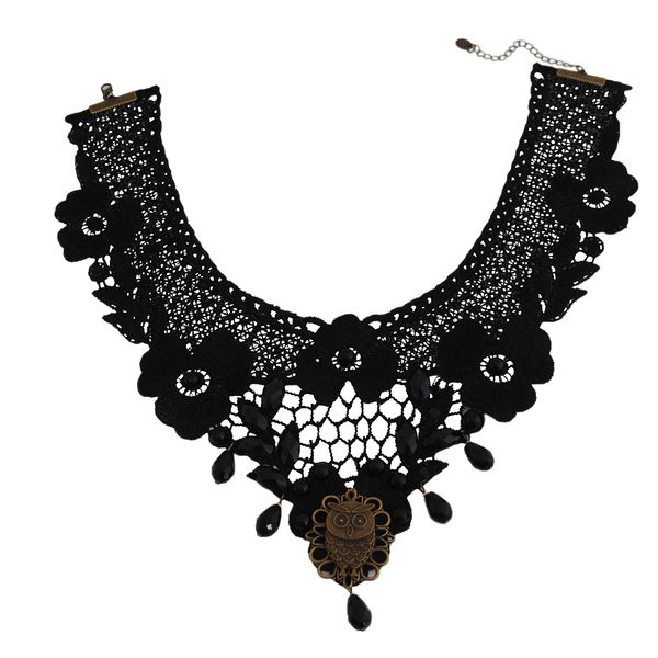 

gothic black lace flower owl choker collar, Silver