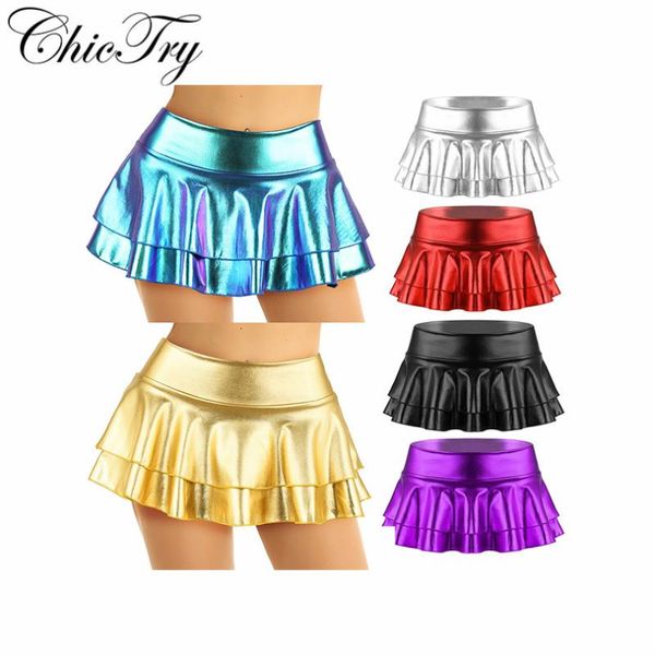 

sequins female womens shiny metallic low rise double layered ruffled mini skirt for dance raves festivals costumes clubwear, Black