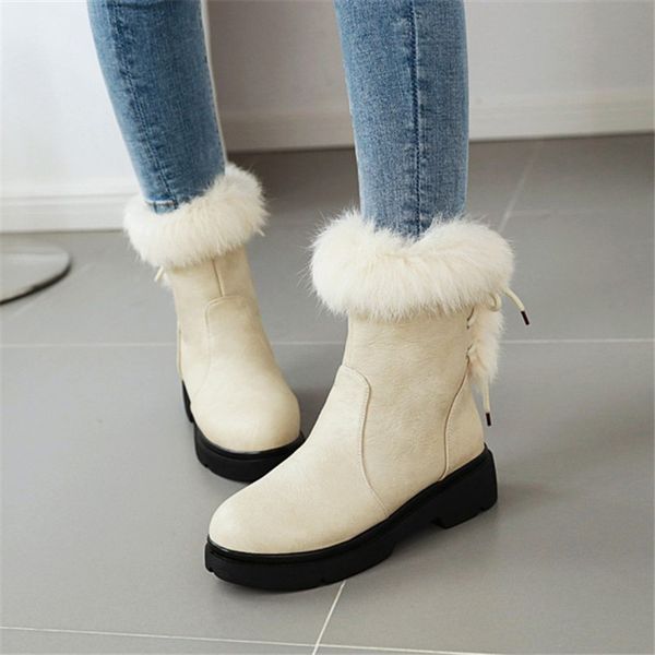 

pxelena new fur snow boots women 2020 winter warm plush boots chunky med heels back lace up comfort shoes plus size 34-43, Black