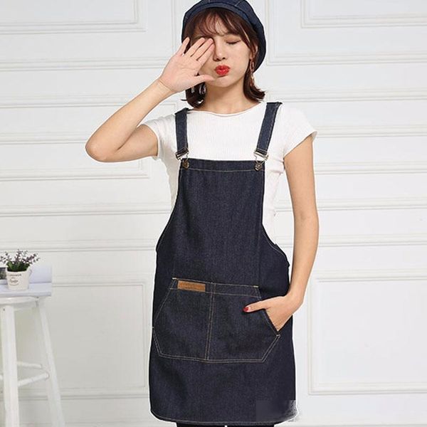 

denim jean aprons with pockets for women girl chef barista bartender painter in cooking kitchen bistro cafe