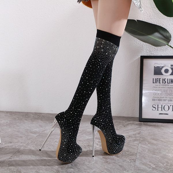 

women's rubber boots boots-women round toe booties woman 2020 high heels luxury designer crystal rain stiletto fashion, Black