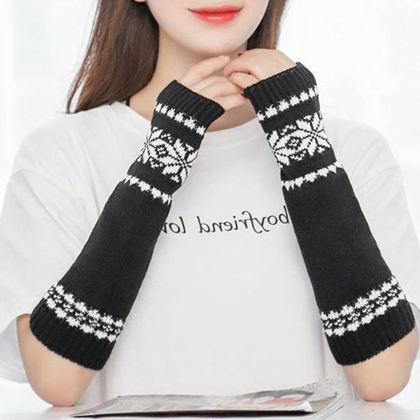 

women men snowflake pattern jacquard fingerless gloves winter crochet knit arm warmers mittens with thumbhole gift, Blue;gray