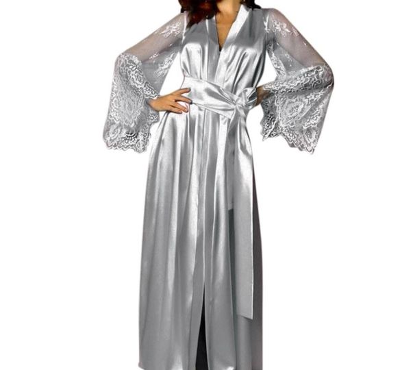 

summer lace patchwork satin kimono robe sleepwear lingerie chemises women silk long nightgown pajamas women 201977, Black;red