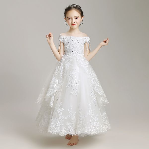 

tassel first communion dress lace flower girl princess gown off the shoulder sequins children forma dresses bandage baby pageant, Red;yellow