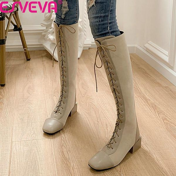 

boots esveva 2021 autumn winter patchwork scrub pu leather women shoes square heel lace up zipper knee high big size 34-42, Black