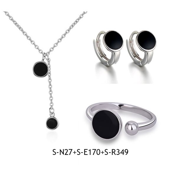

s925 stamp silver color simple epoxy black round wafer necklace+earrings+ring for women jewelry sets korean jewelry