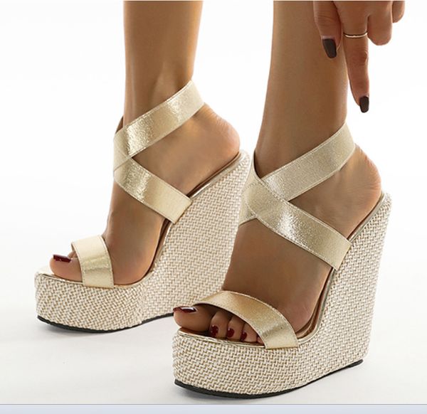 

sandals elastic band wedge straw shoes women espadrilles platform high heels suit female beige large size 2020 women's, Black