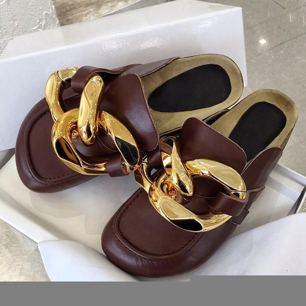 

designer metal chain decoration square head ladies flat slippers black and white ins wind slippers autumn ladies flat slippers