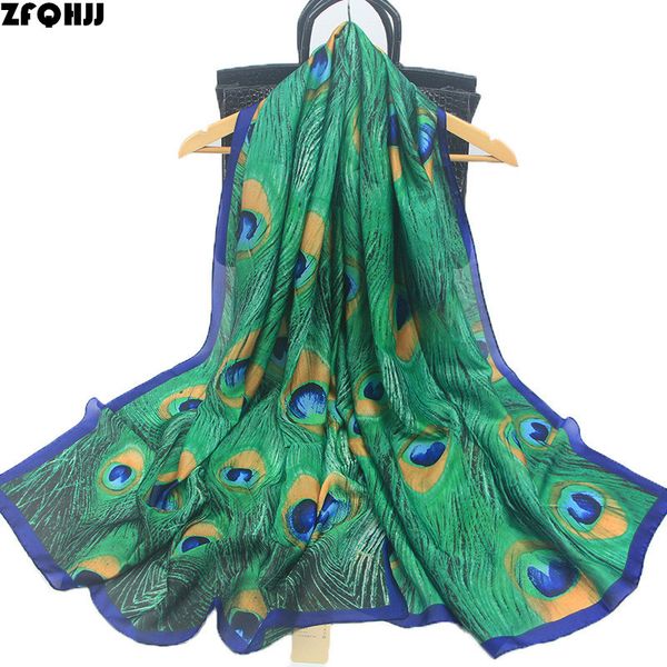 

zfqhjj women chiffon silk scarf green peacock feather print long shawl large wraps female foulard 180x90cm
