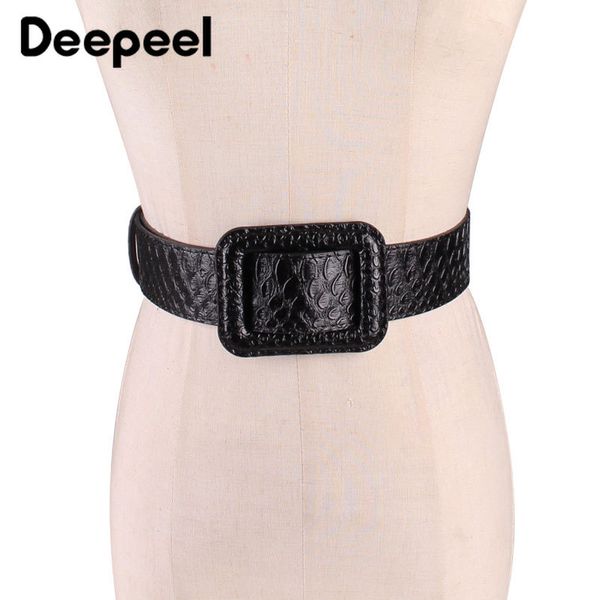 

deepeel 1pc 4.5*100cm women crocodile pattern pu cummerbunds high waist wide belt leather accessories with dress jeans beltcb667, Black;brown