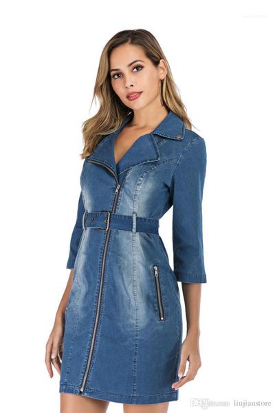 

jean vintage dress women lapel neck with zipper dresses casual ladies work dress female, Black;gray