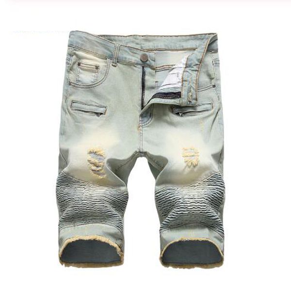 

men's jeans male fashion vintage slim straight ripped biker shorts for motorcycle knee length stretch denim pleated fringe, Blue