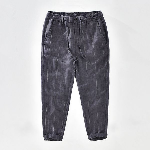 

men's pants linen striped casual loose men ankle-length, Black