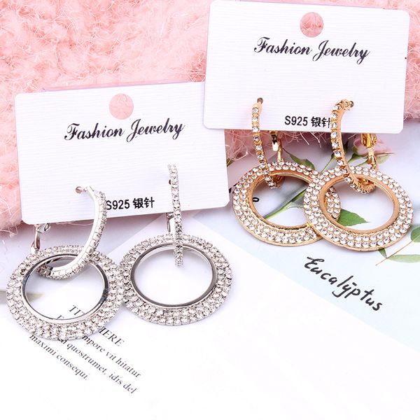

hoop & huggie long circle rhinestone earrings fashion, Golden;silver