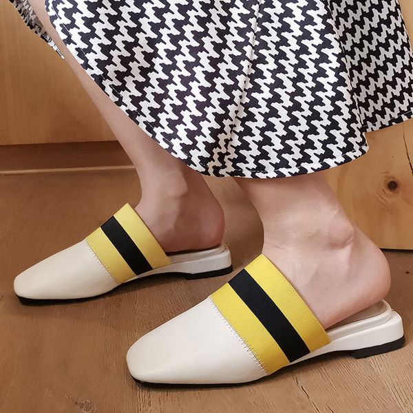 

genuine leather women flats square toe slingbacks shoes spring summer new flat shoes open back ladies slides basic leather flats, Black