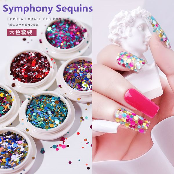 

6 boxes laser round nail art sequins set 3d symphony paillette nails art flakes decoration colorful glitter piece for manicure, Silver;gold