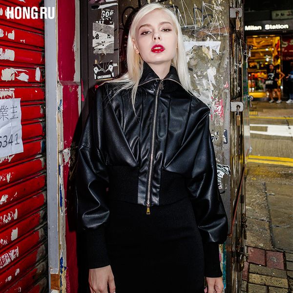 

motorcycle leather jacket female spring new style foreign was thin handsome straight long-sleeved pu leather coat f1120, Black