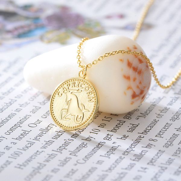 

100% Authentic Solid 925 Sterling Silver Capricorn Pendant Necklace Gold Plated Coin Necklace Circle Tridimensional Choker Silver Jewelry