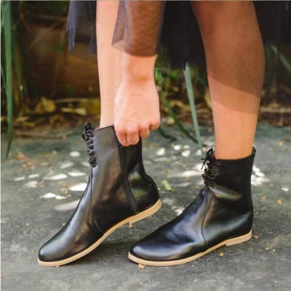 

boots women ankle low heels chaussure vintage pu leather plus size autumn warm lace up shoes woman zapatos mujer sapato d2079, Black