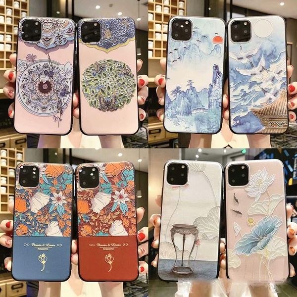 

20 designs silicone couple phone case cover anti-knock protect literary painting embossed pattern case for iphone 11 pro x xs xr max dhl