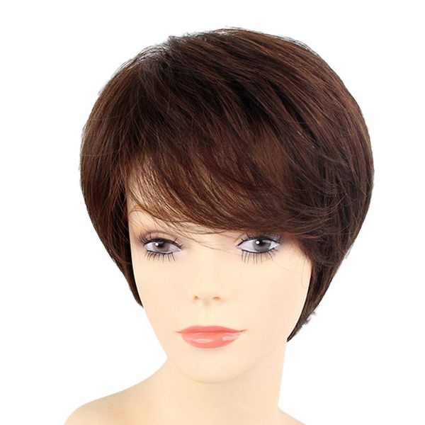 

real human hair wig, women shaggy short straight full wigs with oblique bangs, fashion fringe hairstyle with cap natural brown, Black