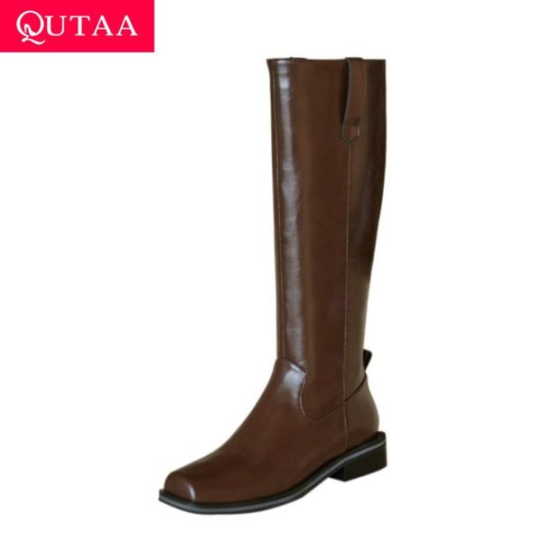 

qutaa 2021 колено высокие ботинки женщин кожи коровы pu мода длинные сапоги осень зима ретро площади toe zipper женская обувь размер 34-39, Black