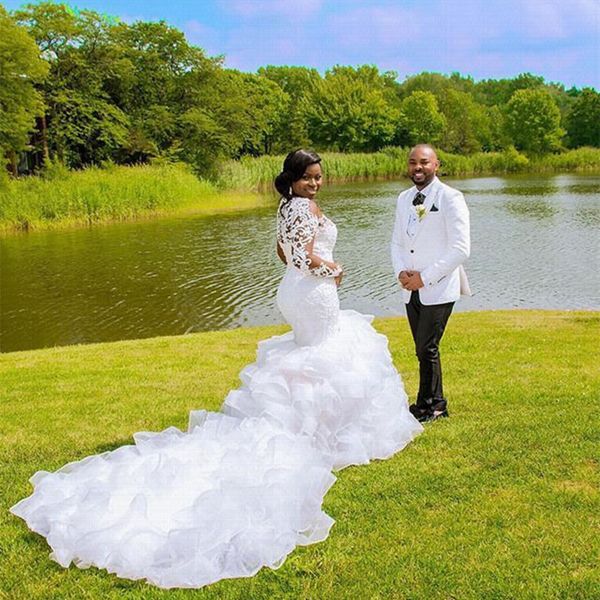 

sheer ruffles cathedral train mermaid wedding dresses 2020 lace beaded plus size african wedding gown, Blue;red