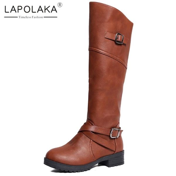 

lapolaka new arrivals 2020 large size 43 chunky heels mid calf boots woman shoes zip up black shoes women boots