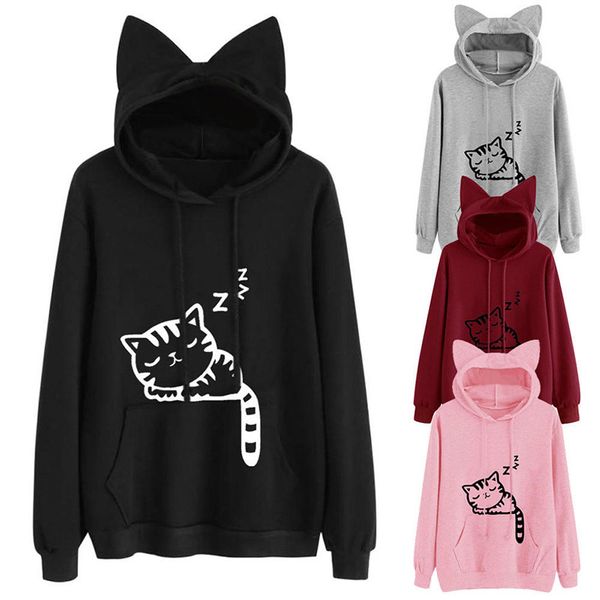 

harajuku women hoodies sweatshirt kawaii black grey pink autumn winter cat pattern long sleeve loose velvet warm hoodies