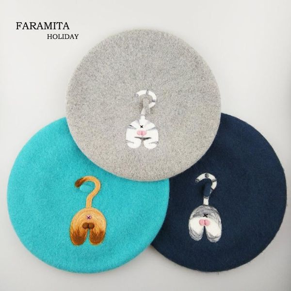 

faramita holiday women cat cute peach hip buhand-made autumn winter brand design cartoon kids child manual berets beret hats, Blue;gray
