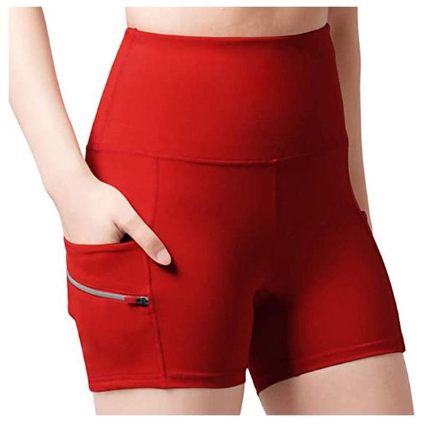 

high waist hip stretch running yoga shorts women 2020 summer sportswear solid double pocket gym home yoga short, White;red