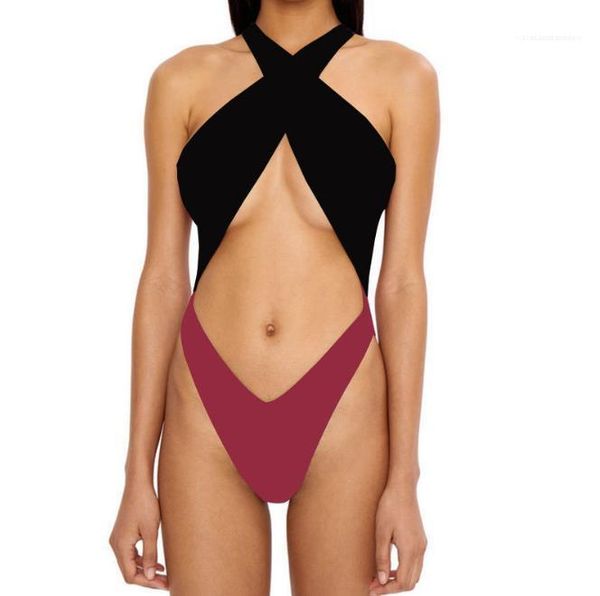 

cross womens bikini backless contrast color one piece swimsuits fashion high waist swimwear halter front, White;black