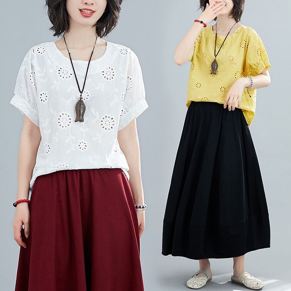 

6056#2020 summer style literary style loose base hollow-out -shirt -shirtjacket cotton -shirt petal embroidered large size cotton dz2pj, Black;gray