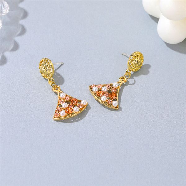 

10pairs/lot 925 silver diamond stud earrings for women retro pearl fan shaped dangle earrings hollow out pink dress design fashion jewelry, Golden;silver