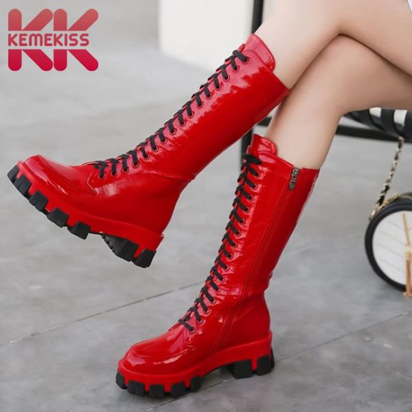 

boots kemekiss woman knee high thick bottom lace up long cool punk ladies winter shoes club footwear size 34-40, Black