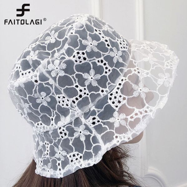 

fashion lace mesh bucket hat summer sun caps for women girls hollow flower fishermen hat, Blue;gray