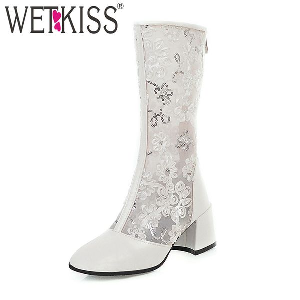 

wetkiss 2020 summer boots mesh embroider women boot chunky heel shoes woman high heels boot mid calf ladies shoes dress, Black